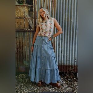 Three Bird Nest Country Mart Tiered Maxi Skirt Denim Size L Boho